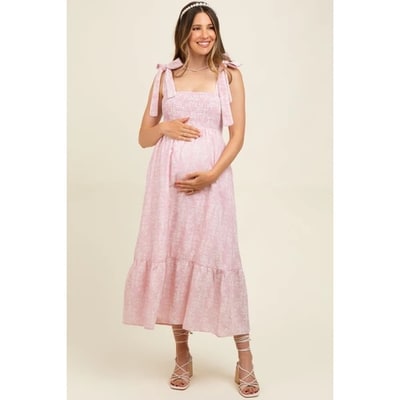 Target Pinkblush Pink Floral Smocked Shoulder Tie Maternity Midi Dress Small