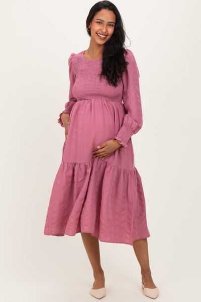 PinkBlush Mauve Textured Stripe Smocked Maternity Midi Dress