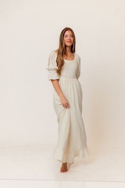 Worth Collective Sienna 100% Cotton Puff Sleeve Maxi Dress in Mute Pale Pink Plaid (Lined) - Bump Friendly