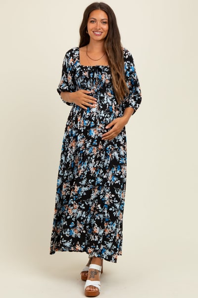 PinkBlush Black Floral Smocked Front Tie Maternity Maxi Dress