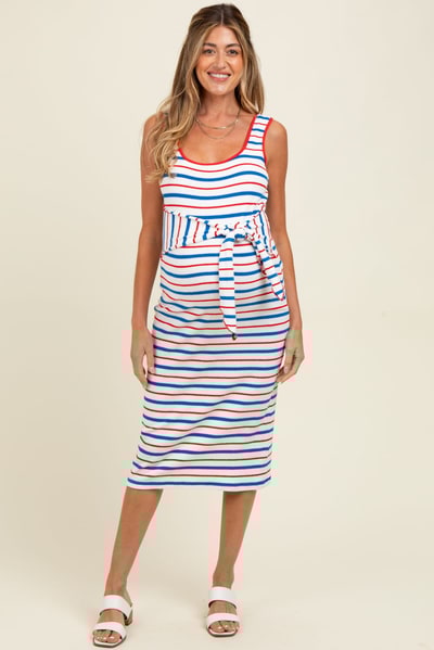 PinkBlush Blue Multi Striped Sleeveless Maternity Midi Dress