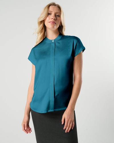 MARION Maternity MARION ReNew - Peacock Short Sleeve Satin Maternity Shell Top with Concealed Nursing Zip