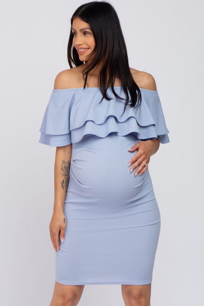 PinkBlush Light Blue Ruffle Off Shoulder Ruched Maternity Dress