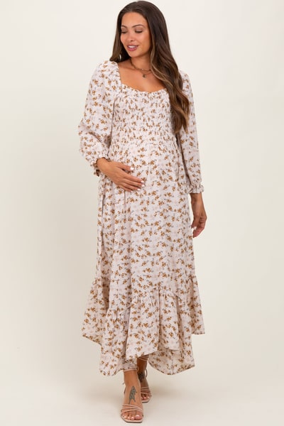 PinkBlush Ivory Floral Smocked Handkerchief Hem Maternity Maxi Dress