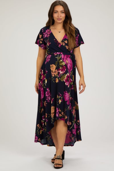 PinkBlush Navy Blue Floral Print Wrap Front V-Neck Hi-Low Maternity Midi Dress