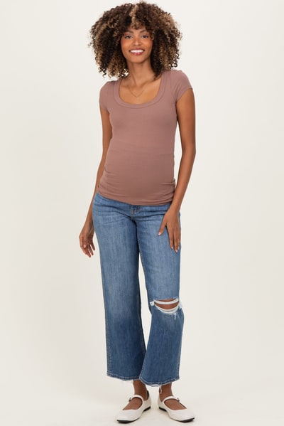 PinkBlush Mocha Ribbed Rounded Square Neck Maternity Top