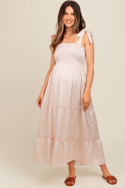 PinkBlush Beige Satin Smocked Maternity Maxi Dress