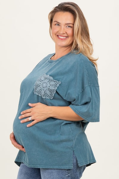 PinkBlush Deep Teal Mineral Wash Crochet Pocket Maternity Plus Top