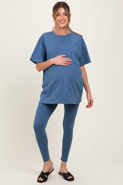PinkBlush Blue Oversized Crewneck Short Sleeve and Legging Maternity Set