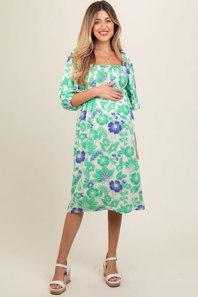 PinkBlush Green Floral Smocked Square Neck Maternity Midi Dress