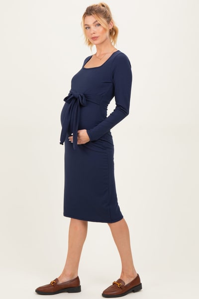 PinkBlush Navy Ribbed Long Sleeve Square Neck Tie Belt Maternity Midi Dress