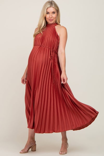 PinkBlush Rust Pleated Maternity Halter Dress