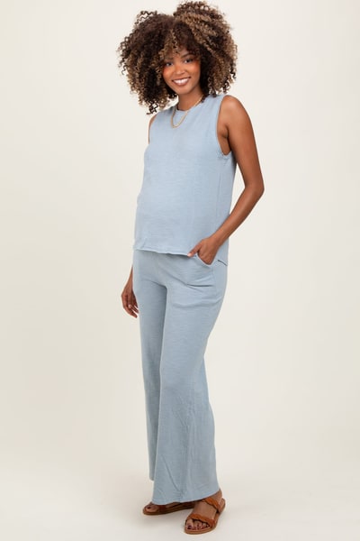 PinkBlush Light Blue Slub Knit Maternity Pants Set