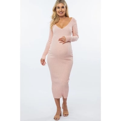 Target Pinkblush Pink V-Neck Long Sleeve Fitted Maternity Maxi Dress Small