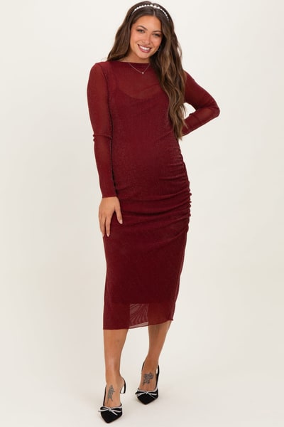 PinkBlush Burgundy Shimmer Mesh Long Sleeve Ruched Maternity Midi Dress