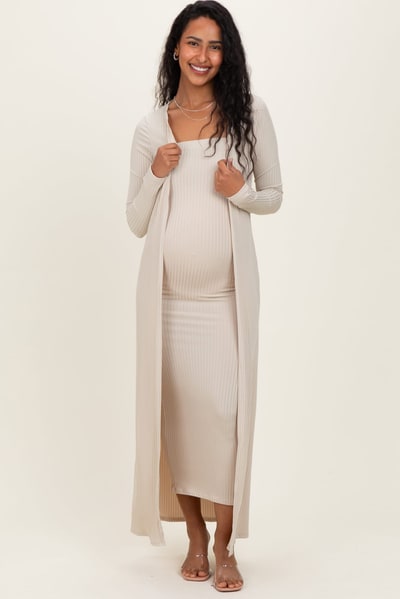 PinkBlush Taupe Ribbed Sleeveless Dress Cardigan Maternity Set