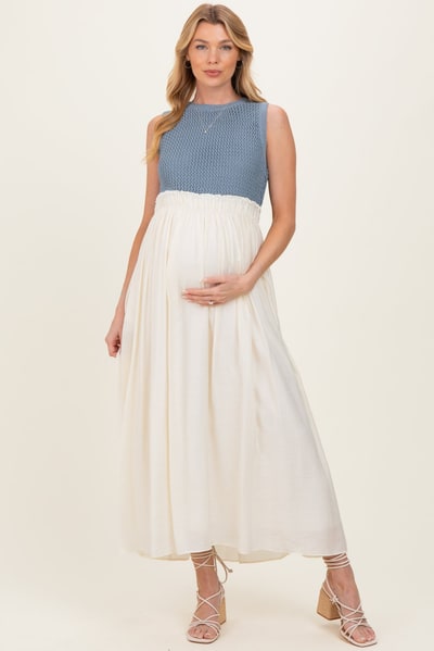 PinkBlush Dusty Blue Knit Bodice Contrast Skirt Maternity Maxi Dress