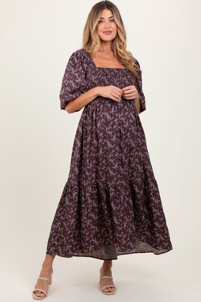 PinkBlush Plum Floral Smocked Hi-Low Puff Sleeve Maternity Maxi Dress