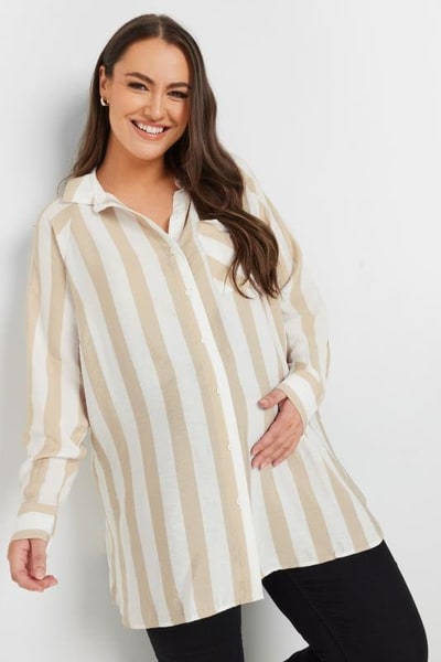 Yours Clothing BUMP IT UP MATERNITY Beige Brown Stripe Shirt