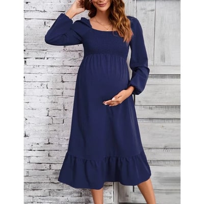 Target WhizMax Women's Maternity Dress Long Sleeve Square Neck Dress Smocked Ruffle Casual Midi Dress Baby Shower Photoshoot Navy Blue Large