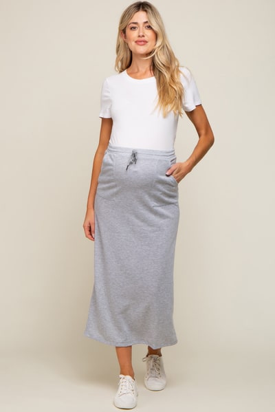 PinkBlush Grey Fleece Drawstring Maternity Maxi Skirt