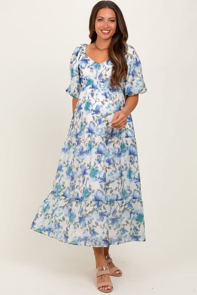 PinkBlush Blue Floral Tiered Puff Sleeve Maternity Midi Dress