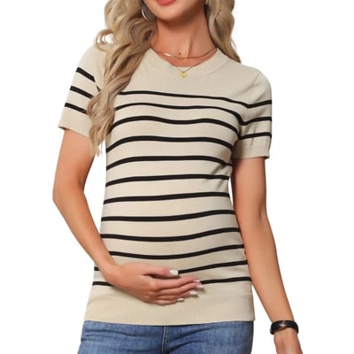 Target INSPIRE CHIC Women's Maternity Top Stretchy Knit Sweater Short Sleeve Summer Pregnancy Round Neck Blouse Medium Black Beige Striped