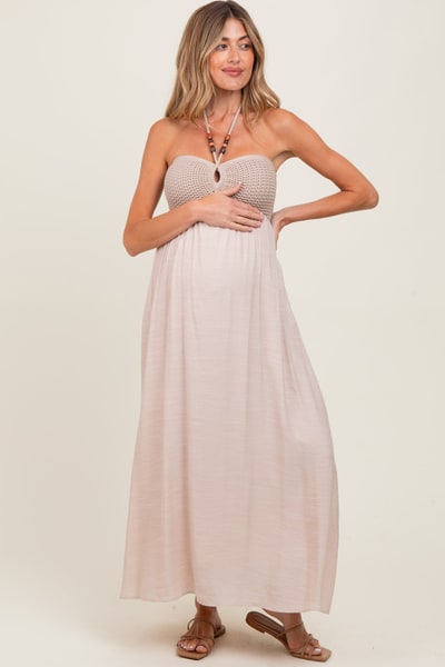 PinkBlush Beige Crochet Contrast Beaded Halter Neck Maternity Maxi Dress