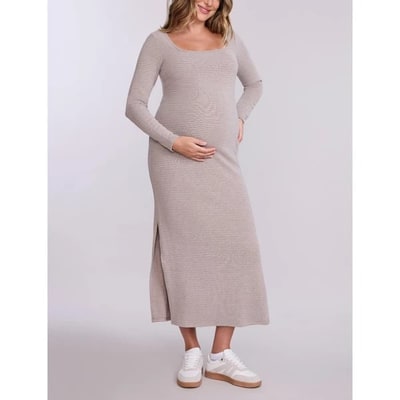 Target Women's Square Neck Rib Knit Long Sleeve Bodycon Maxi Dress - Oatmeal Stripe - Size: Large - Motherhood Maternity