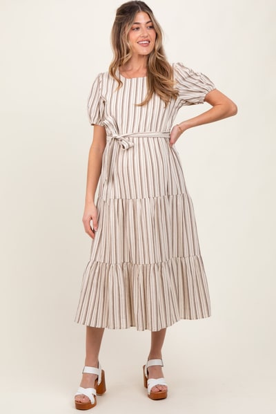 PinkBlush Ivory Stripe Tiered Tied Waist Maternity Midi Dress