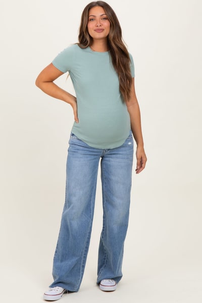 PinkBlush Medium Wash Mid Rise Clean Cut Raw Hem Wide Maternity Jeans