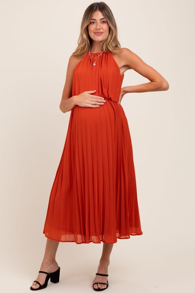 PinkBlush Rust Pleated Woven Maternity Midi Dress