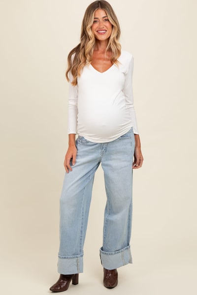 PinkBlush Light Blue Cuffed Relaxed Wide Leg Maternity Jeans