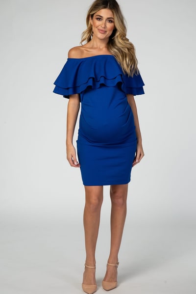 PinkBlush Royal Blue Off Shoulder Ruched Maternity Dress