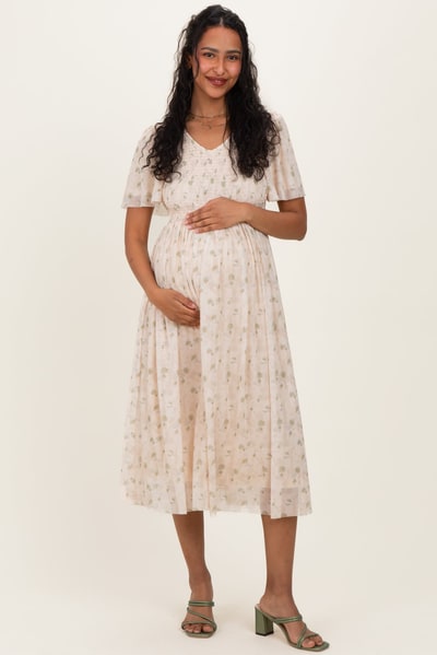 PinkBlush Cream Floral Chiffon Smocked Maternity Midi Dress