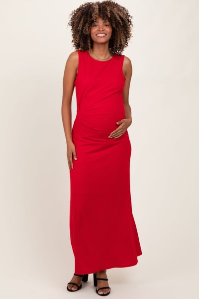 PinkBlush Red Gathered Waist Sleeveless Maternity Maxi Dress