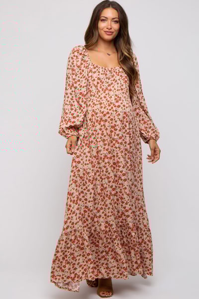 PinkBlush Beige Floral Square Neck Ruffle Maternity Maxi Dress