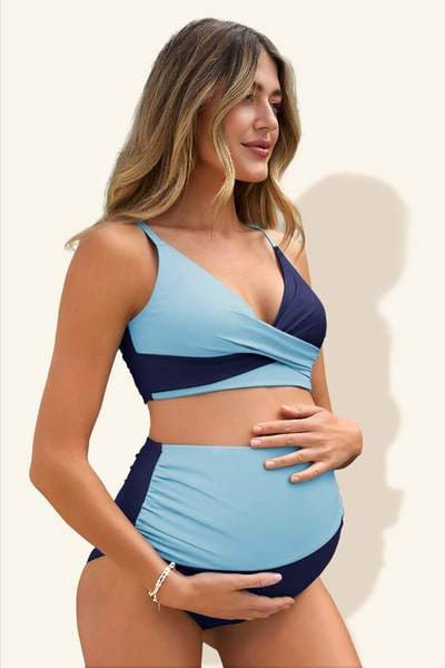 Summer Mae Maternity Color Block Criss Cross V-Neck Bikini High Waist Two Piece