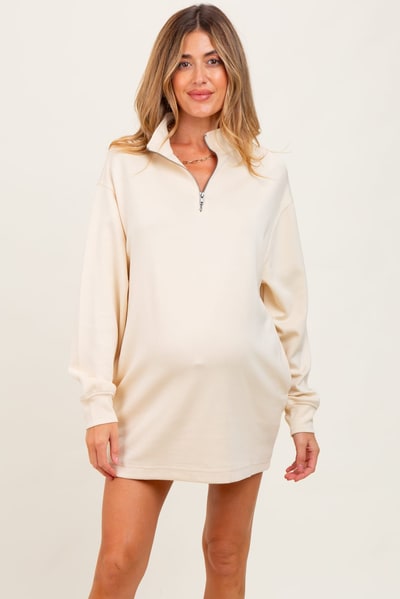 PinkBlush Cream Half Zip Long Sleeve Maternity Mini Dress