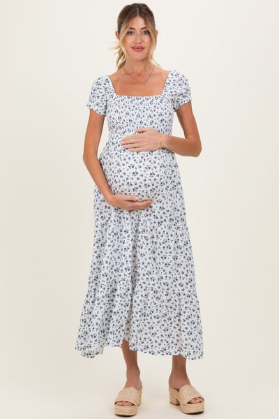 PinkBlush White Floral Smocked Puff Sleeve Maternity Maxi Dress