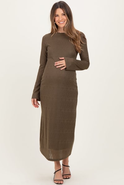 PinkBlush Olive Lace Jacquard Long Sleeve Maternity Midi Dress