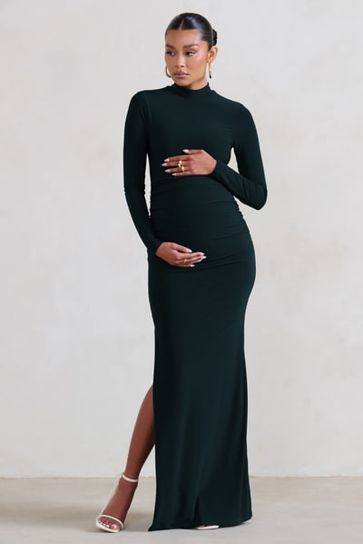 Club L London Alejandra | Black Maternity Long Sleeve High Neck Maxi Dress