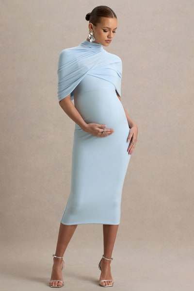 Club L London Augustina | Powder Blue Maternity Midi Dress With Cape