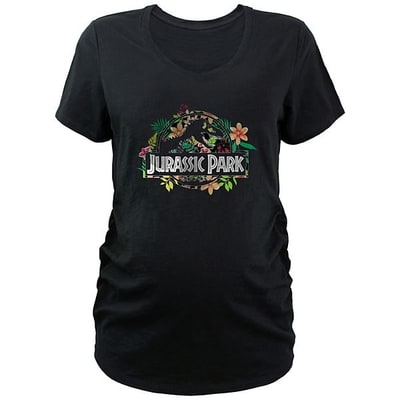 Kohl's Maternity Jurassic Park Tropical Flowers Logo V-Neck Graphic Tee
