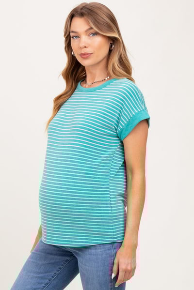 PinkBlush Green Striped Terry Maternity Short Sleeve Top