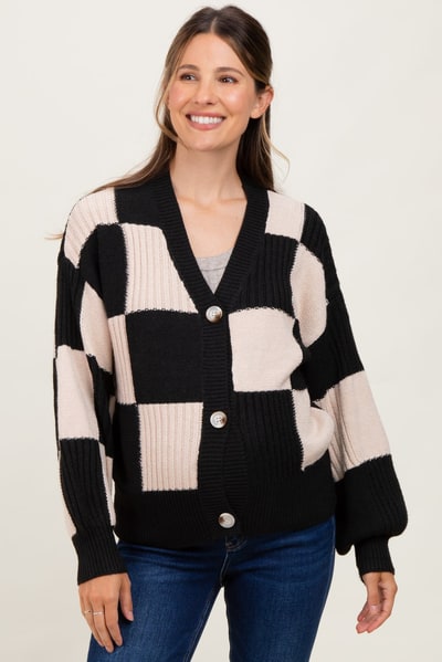PinkBlush Black Checkered Rib Bubble Sleeve Button Maternity Cardigan