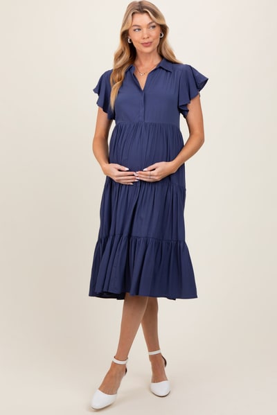 PinkBlush Navy Blue Ruffle Sleeve V-Neck Tiered Maternity Midi Dress