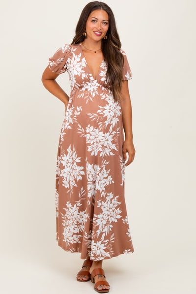 PinkBlush Mocha Floral Print Short Sleeve V-Neck Maternity Maxi Dress