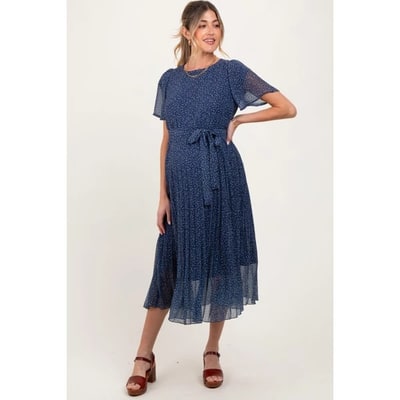 Target Pinkblush Navy Leaf Print Pleated Maternity Midi Dress Small