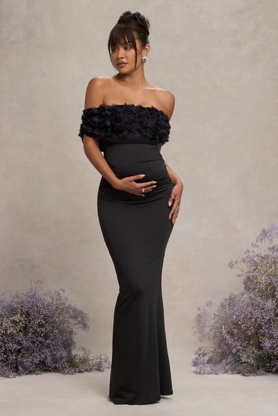 Club L London Inflorescence | Black Mesh Floral Bardot Maternity Maxi Dress